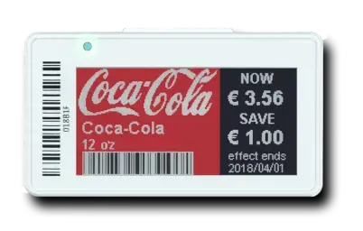 An image of an e-ink shop pricing label, displaying a product name, company logo, discount, and when the discount expires.