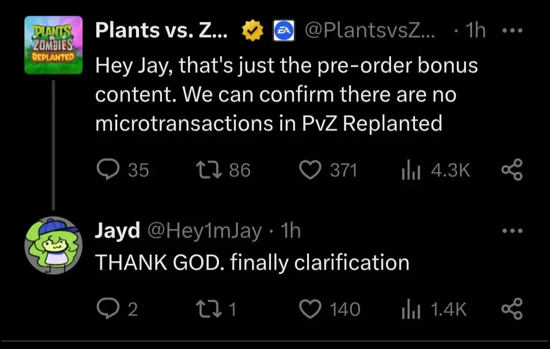 the official plants vs zombies account tweeted that there will be no microtransactions